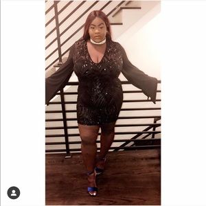 Black Sequin Mesh Wing Dress